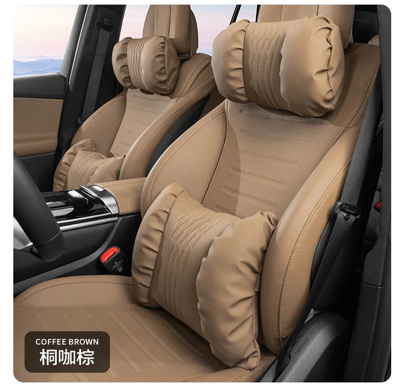 Nappa Leather Car Headrest & Lumbar Support Cushion – Soft Neck Pillow & Waist Pillow Set