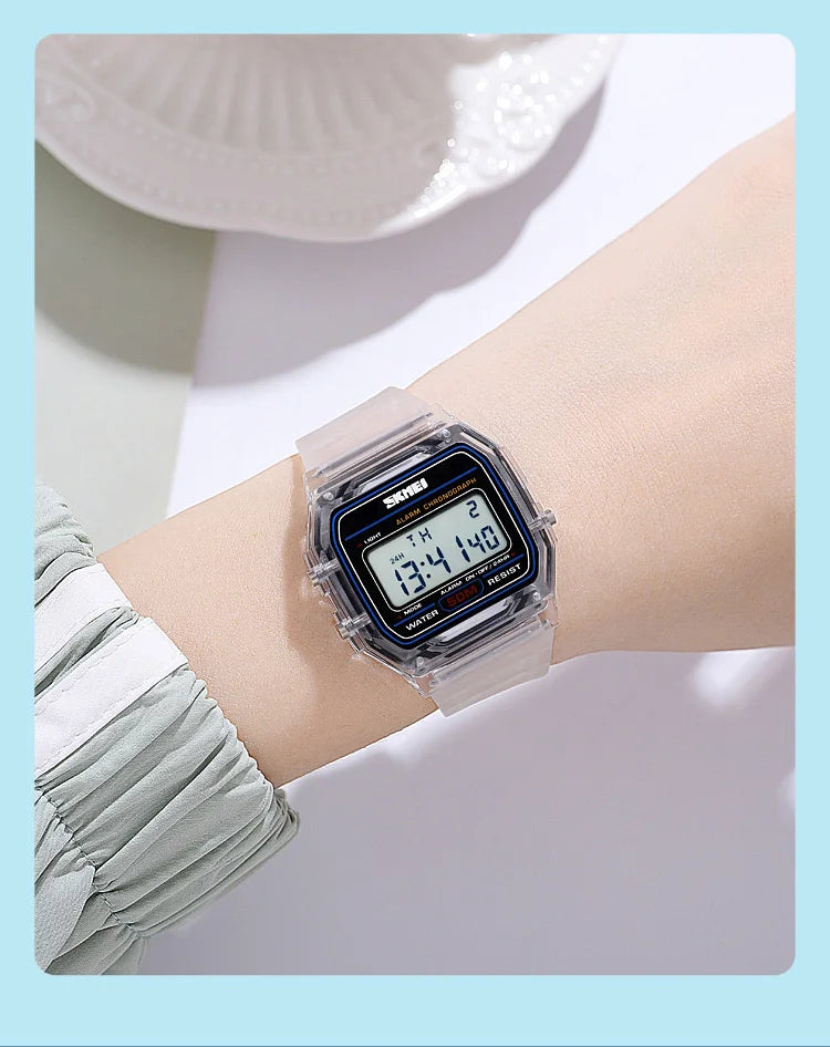 Skmei Women Digital Watches Fashion Transparent Case TPU Strap Led Waterproof Swimming Sports Wristwatch Female Alarm Clock