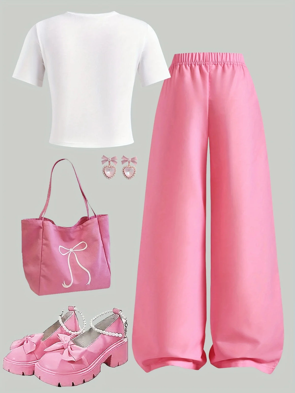 Girls' Casual Long Pants Set, Youth Girls' Letter-Print Short-Sleeve T-Shirt and Hot Pink Bow Wide-Leg Pants Casual Two-Piece Set Suitable for Children Aged 5-13, Suitable for Various Occasions