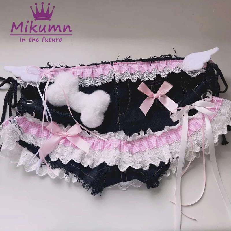 Mikumn Harajuku Y2k Women Sexy Lace Shorts Punk Girls Sweet Bow Angel Wing Bone Lace-up Low Waist Denim Shorts Jeans Streetwear