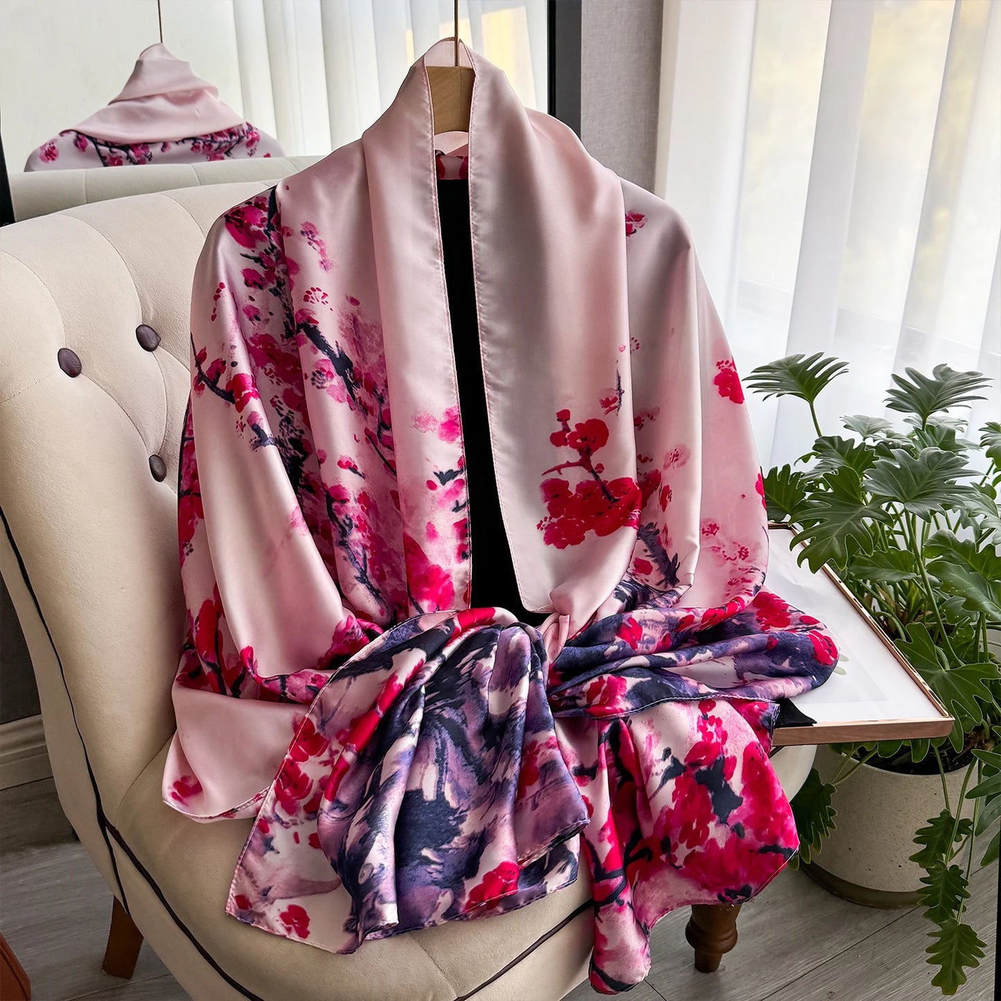 Latest Spring High Quality Soft Silk Scarf Women Ladies Elegant Floral Scarf Fashion Shawl Beach sun Protection Designer Scarf