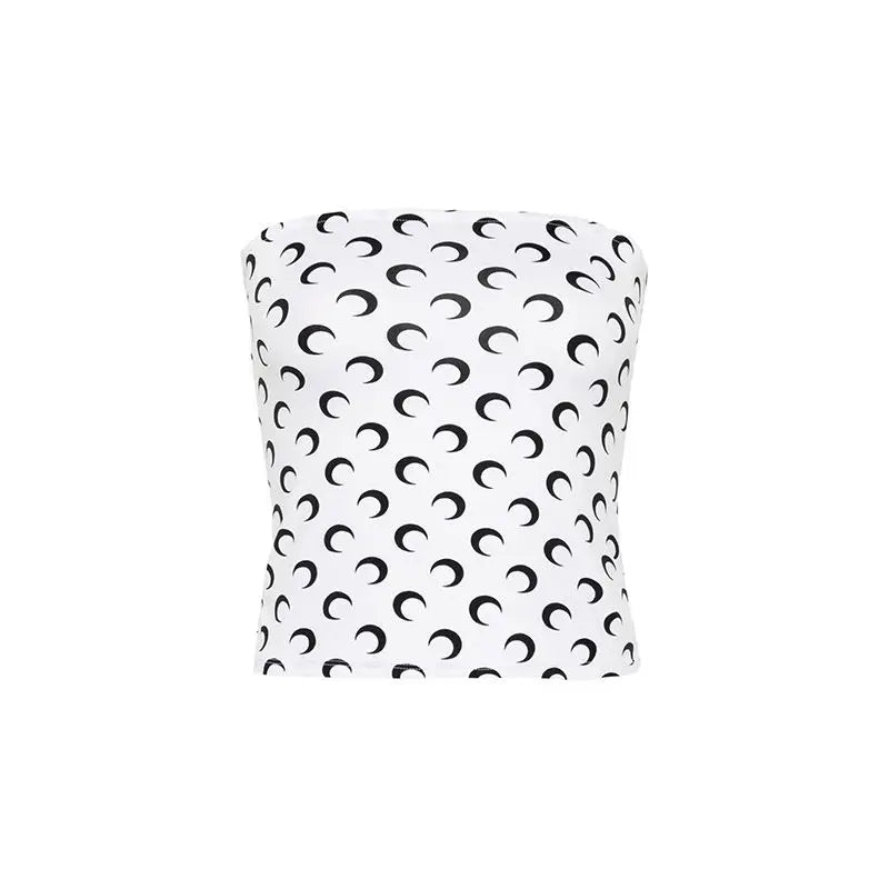 New Fashion Moon Print Sexy Short Crop Top Women's Summer Korean Style Leisure Streetwear Sweet Strapless Slim Fit Blouse