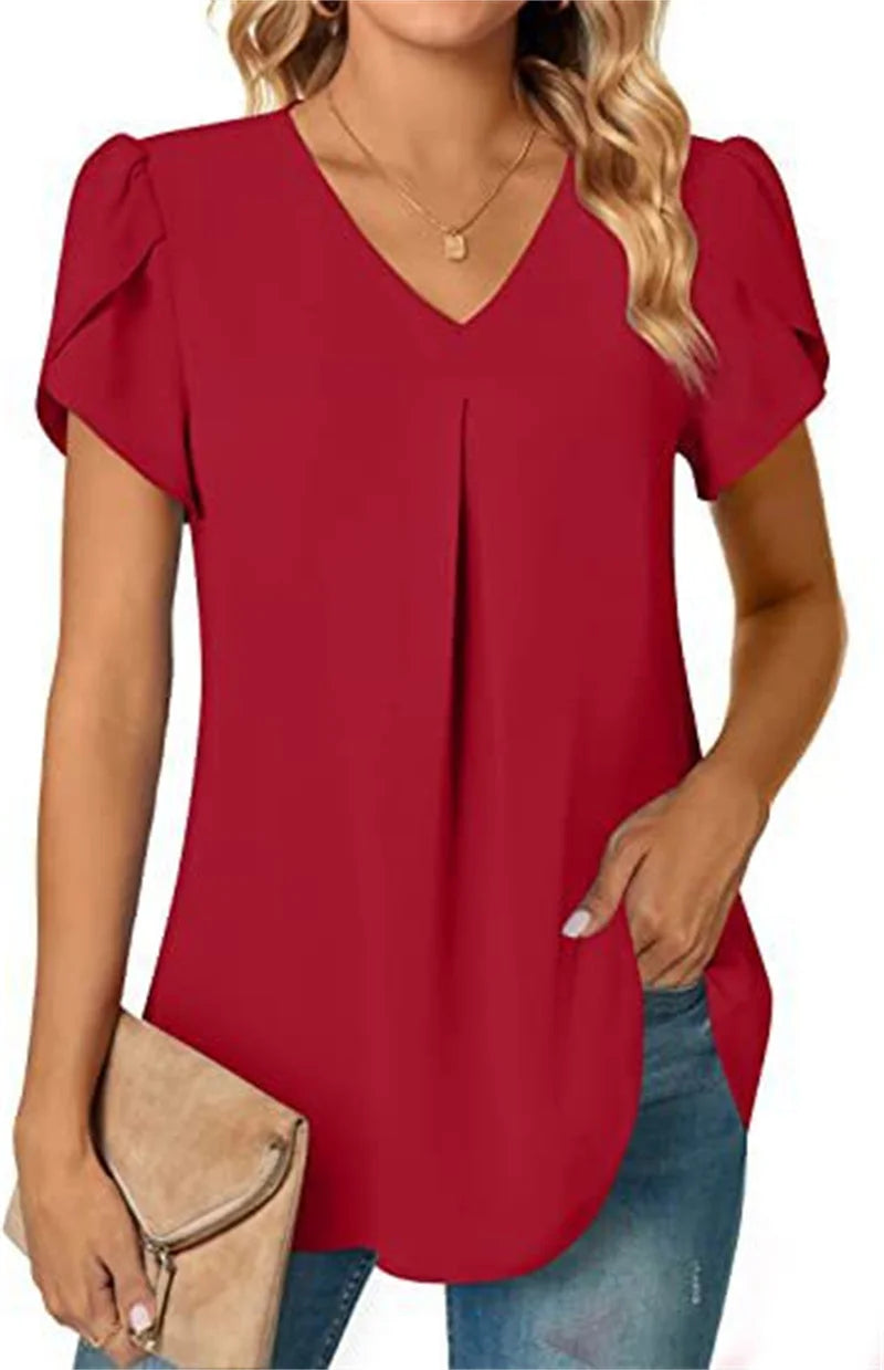 Women's Lace-Trim Floral Blouse — V-Neck Short-Sleeve Summer Top