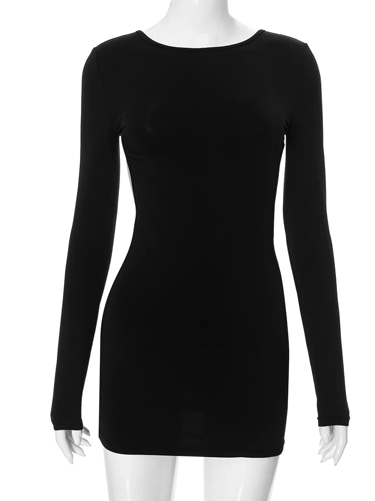 kliou Concise Solid Women Mini Dress Spring Classic Full Sleeve Backless Body-shaping Vestidos Female Party Clubwear Trend New