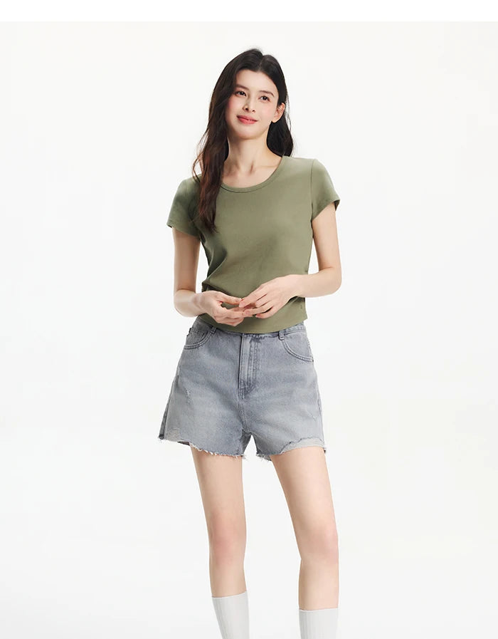 Semir Short Sleeve T-Shirt Women Cropped Slim Fit Shoulder Fit Design 2026 New Summer Embroidered Top Versatile for Chic Outfits