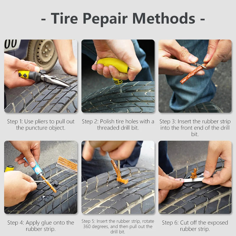 Car Tire Repair Kit for Tubeless Tires: Rubber Strips, Glue & Plug Tools - Auto/Motorcycle Puncture Maintenance
