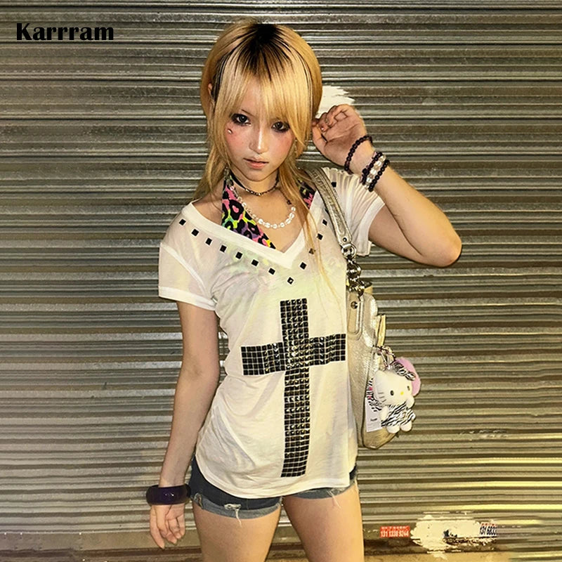Women's Y2K Cross-Print Sheer Tee — V-Neck Vintage Harajuku Grunge Top