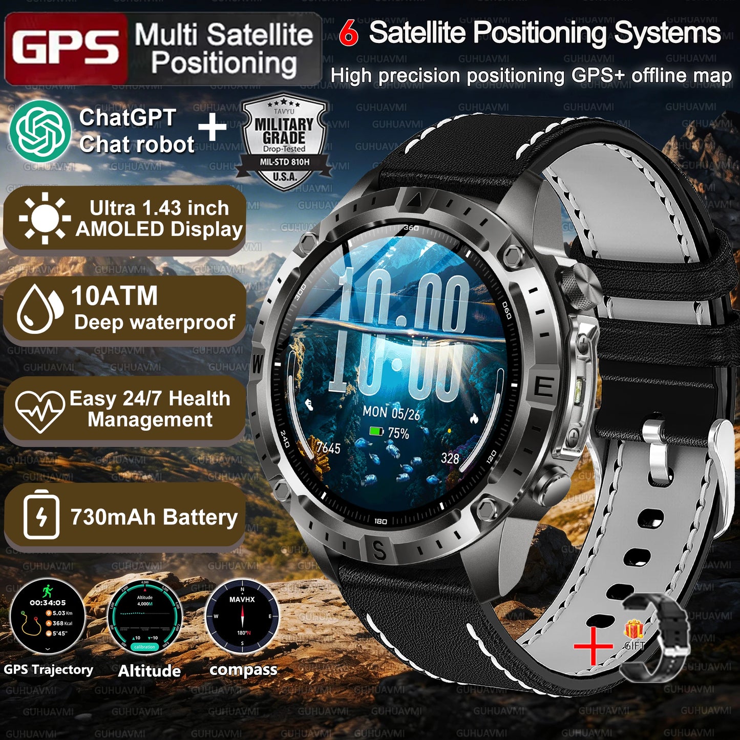 Military-Style GPS Smart Watch — Offline Maps, 10ATM, 2GB RAM