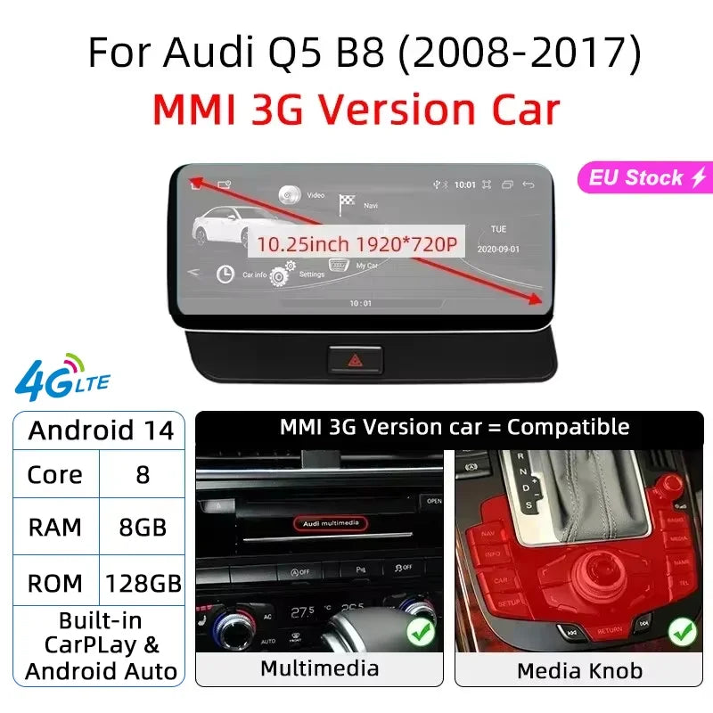 12.3 Android 14 System Car Radio Stereo For Audi Q5 8R 2008-2017 WiFi 4G LTE 8+128GB CarPlay BT IPS Touch Screen GPS