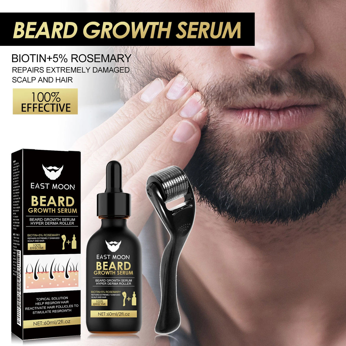 Beard Growth Serum Kit 0.2mm Derma Roller Infused Activate Hair Follicles Repair Damaged Beard Boost Fuller Thicker Beard Serum