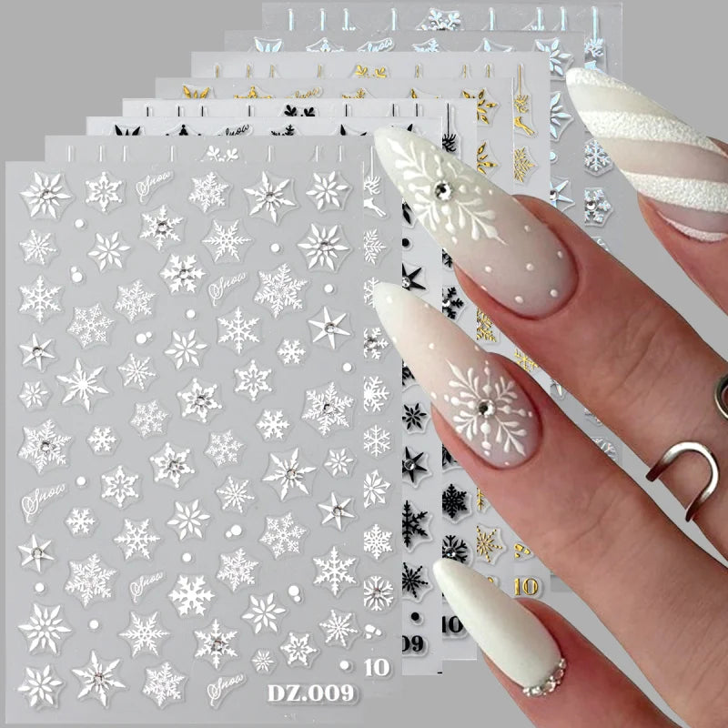 2pcs White Snowflake Nail Stickers With Sparkling Crystal Rhinestones Winter Christmas Design Self-Adhesive Sliders Decals Festi
