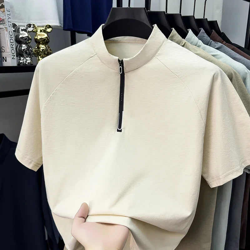 Men's Half-Zip Mandarin Tee - Cool-Touch Raglan, Breathable Knit