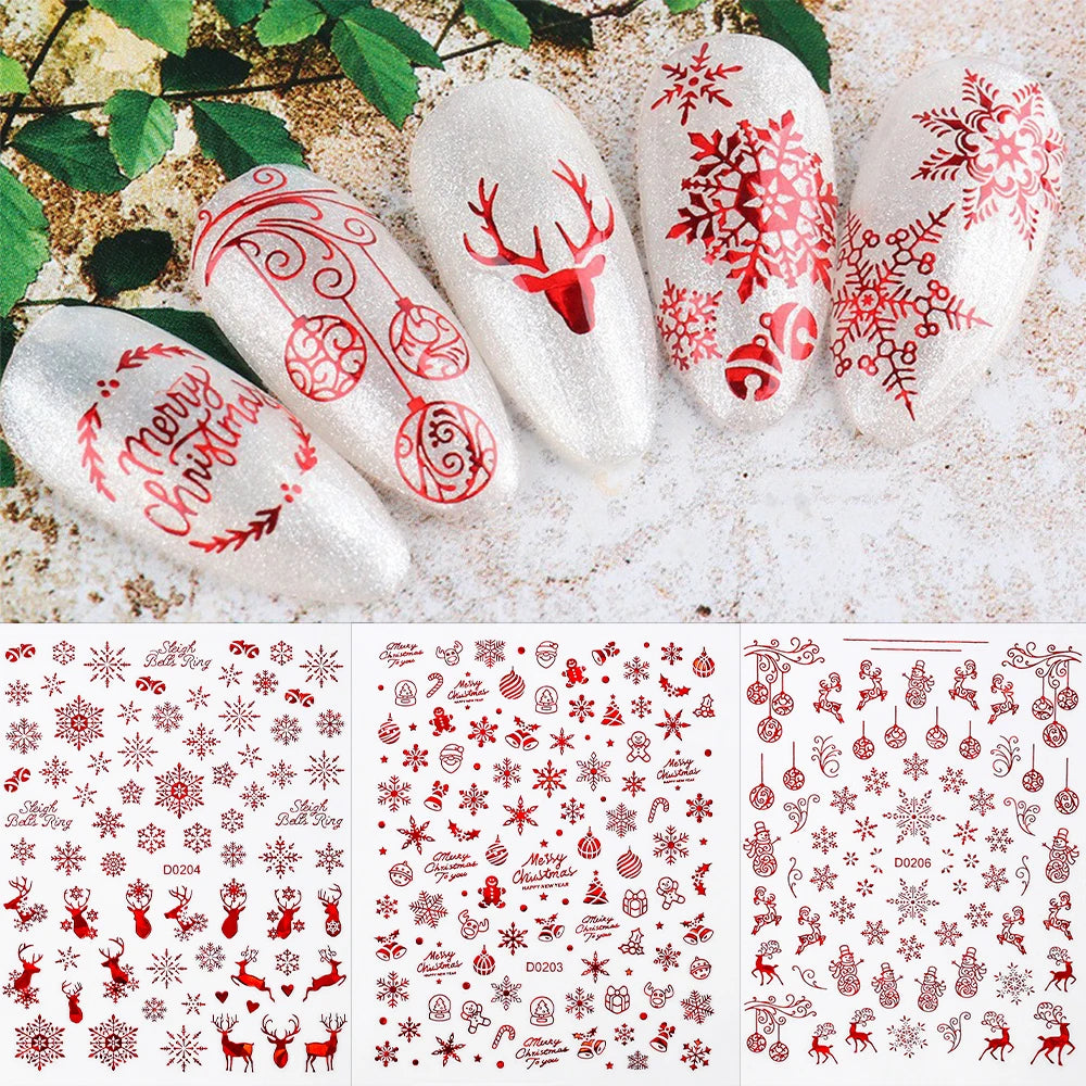 12pcs 3D Snowflake Nail Stickers Red Christmas Designs Nail Art Decals Geometric Lines New Year Winter Gel Foils Sliders Decors*