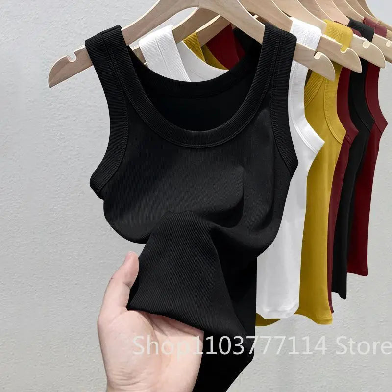 Women's Solid Round Neck RibbedTop Camisole Summer Basic Elastic Spaghetti Strap Top Lightweight Cool Base Shirt Sleeveless Vest