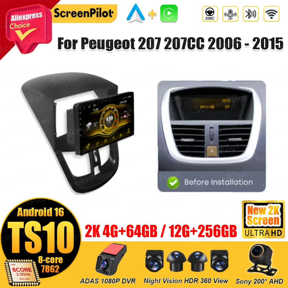 9" Android Car Stereo for Peugeot 207 & 207CC (2006–2015) — Wireless Android Auto, CarPlay, GPS, WiFi