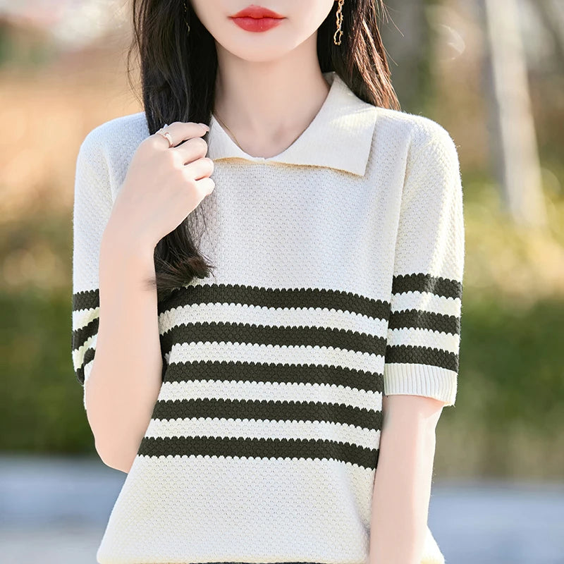 Pure Cotton Hollow Short-Sleeved Ladies Spring And Summer Loose Slim New Joker Knit Bottoming T-Shirt