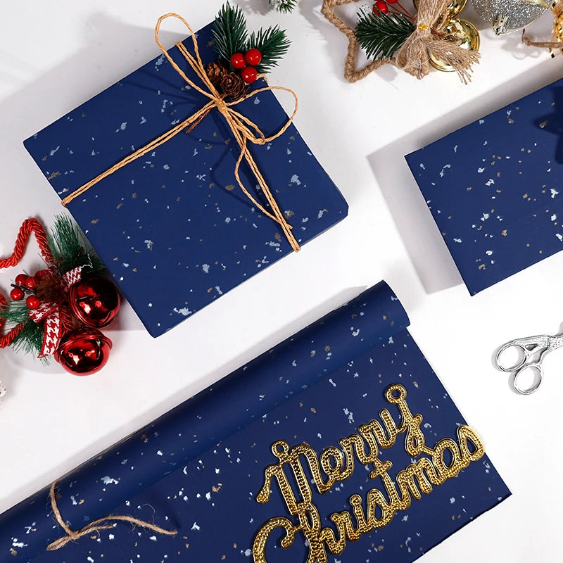 Gift Wrapping Paper Roll, 1 Roll 17 Inch X 120 Inch, Navy Blue Gold Foil Design for Holiday, Birthday, Wedding, Party