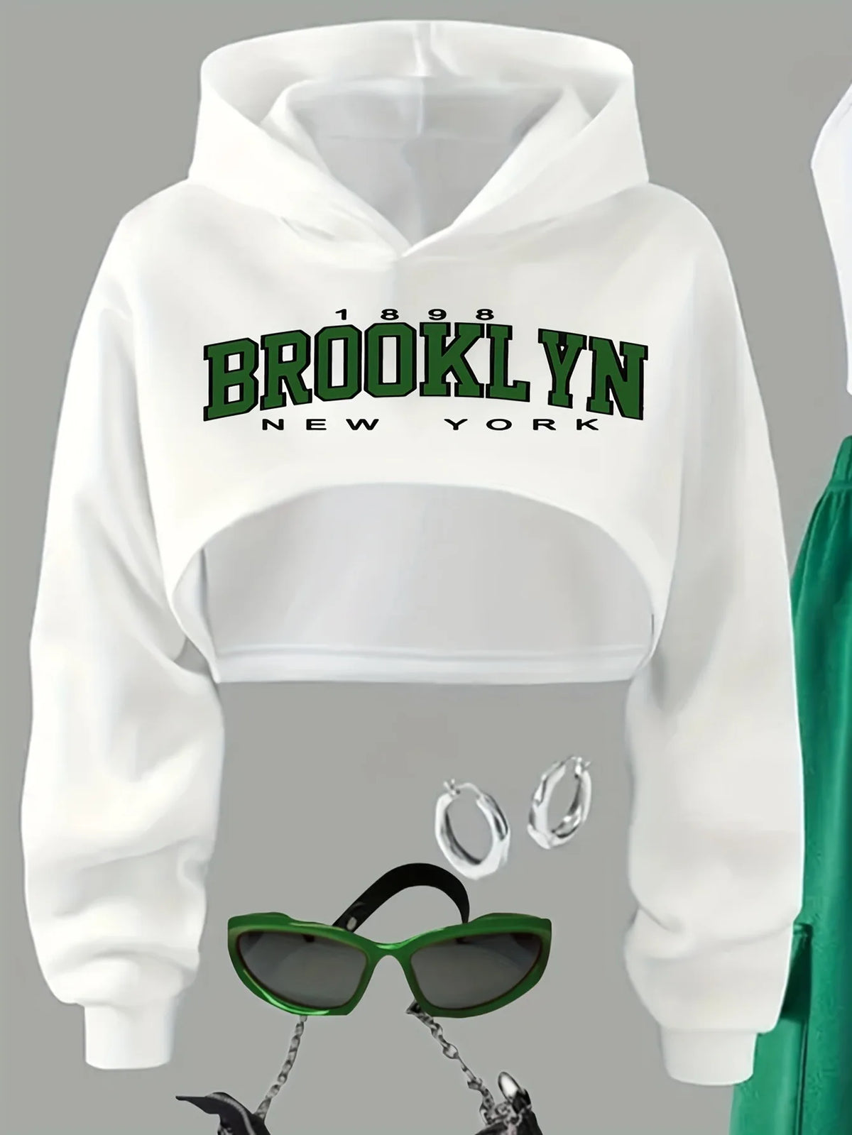 Kids Girls 3-Piece "BROOKLYN" Print Cropped Hoodie, Tank Top & Green Cargo Sweatpants Set Casual Streetwear Daily Loungewear Ou