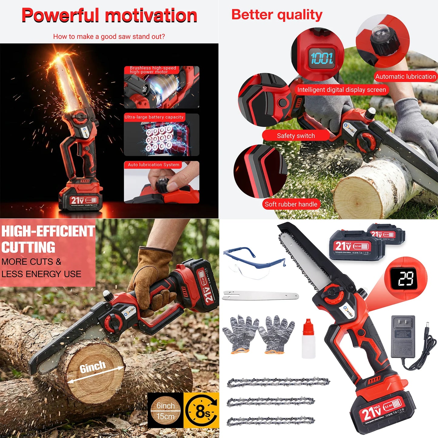 XYSD 8" & 6" Mini Cordless Chainsaw – Brushless Motor, 2x3.0Ah Batteries | Wood & Tree Cutting