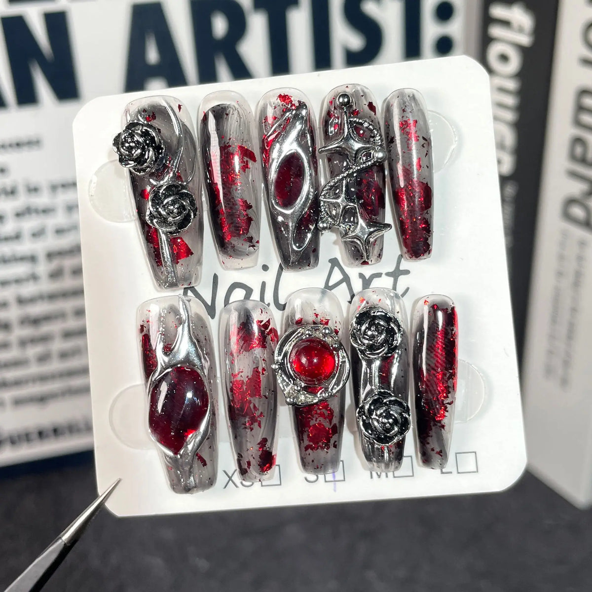 Dark Gothic Press On Nails Red Glitter Metal Rose Design Nails With Metal Rose Gem Multiple Sizes Gothic Rose Easy To Apply
