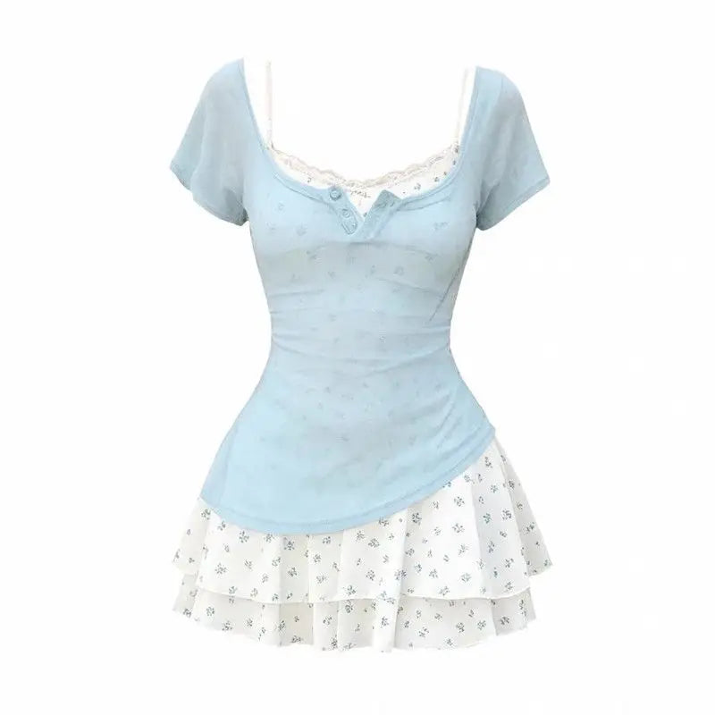 American Retro Two Piece Sets Women Gray Short Sleeve Henley Tops + Layered Ruffle Mini Skirts Harajuku Summer Lace Trim Outfits