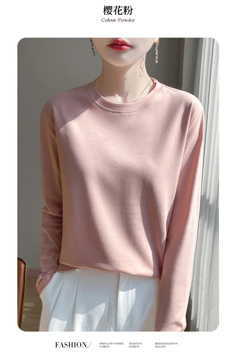 Spring And Summer New Mercerized Cotton Long Sleeve T-shirt Women's Round Neck Loose 100% Cotton Bottoming T-shirt