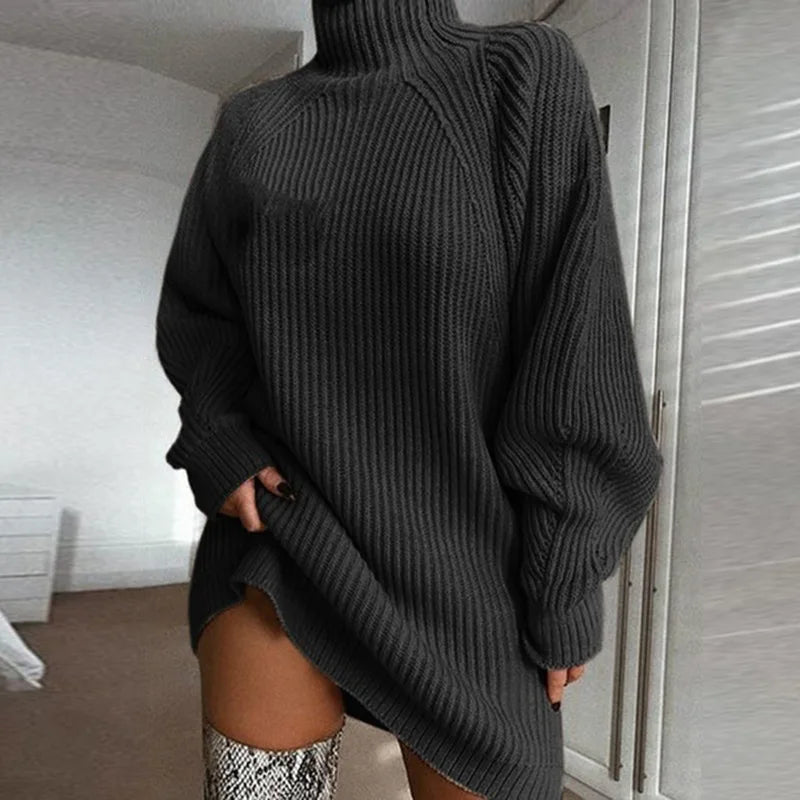 Women's Turtleneck Sweater Dress - Oversized Knit Mini Dress