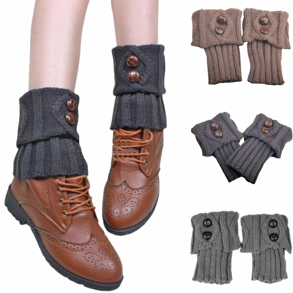Women's Knit Boot Cuffs, Short Leg Warmers with Buttons