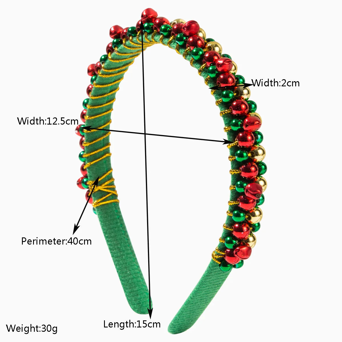 Festive Christmas Headband with Red & Green Beads, Golden Accents & Bell Charms - Hand-Wrapped Polyester Party Accessor