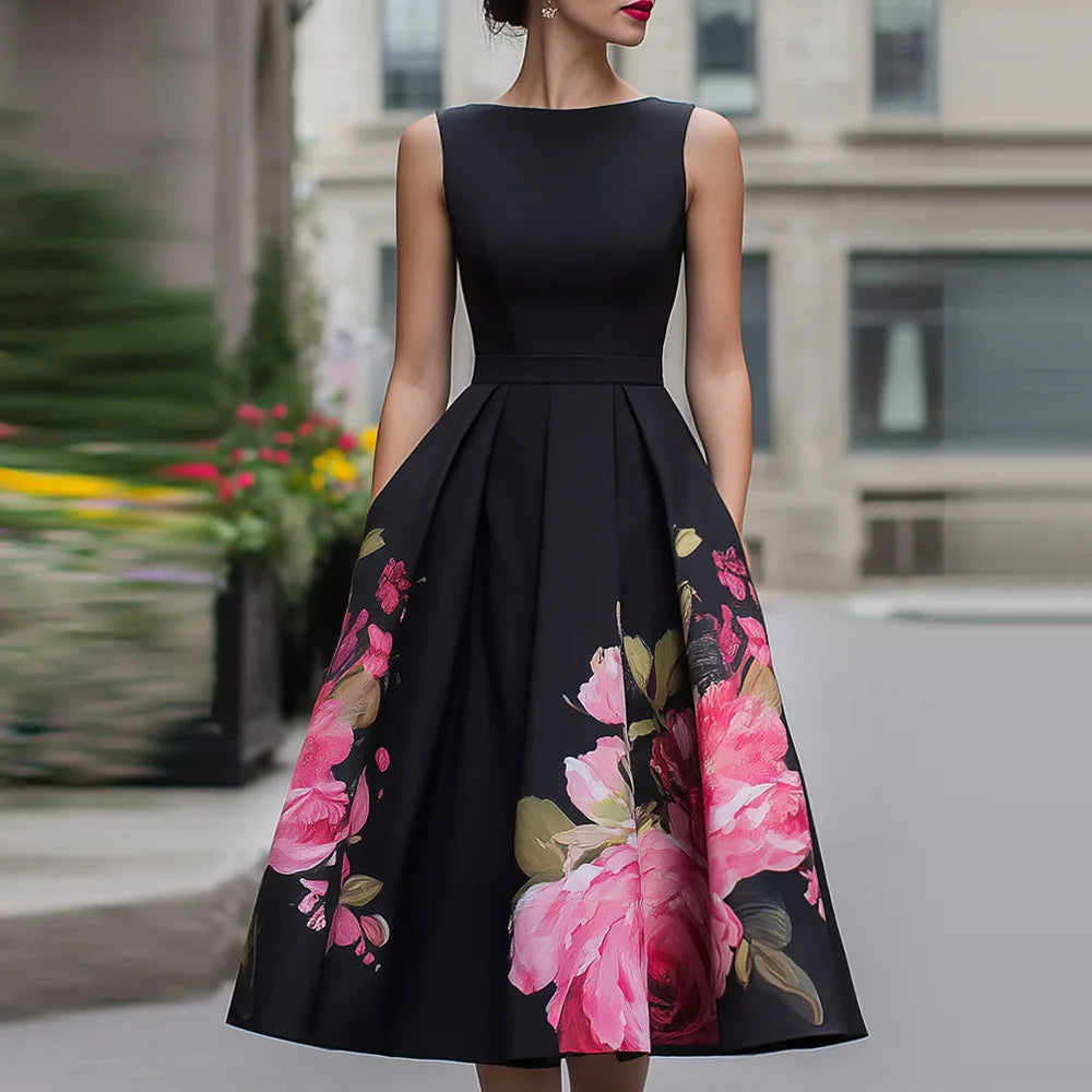 Elegant Chic O Neck Sleeveless Maxi Dress Women Summer Holiday Patchwork Printing Casual Party Dress Fashion Simple Ladies Dress