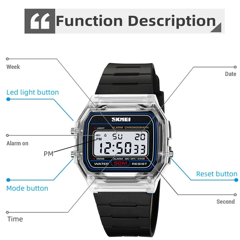 Skmei Women Digital Watches Fashion Transparent Case TPU Strap Led Waterproof Swimming Sports Wristwatch Female Alarm Clock