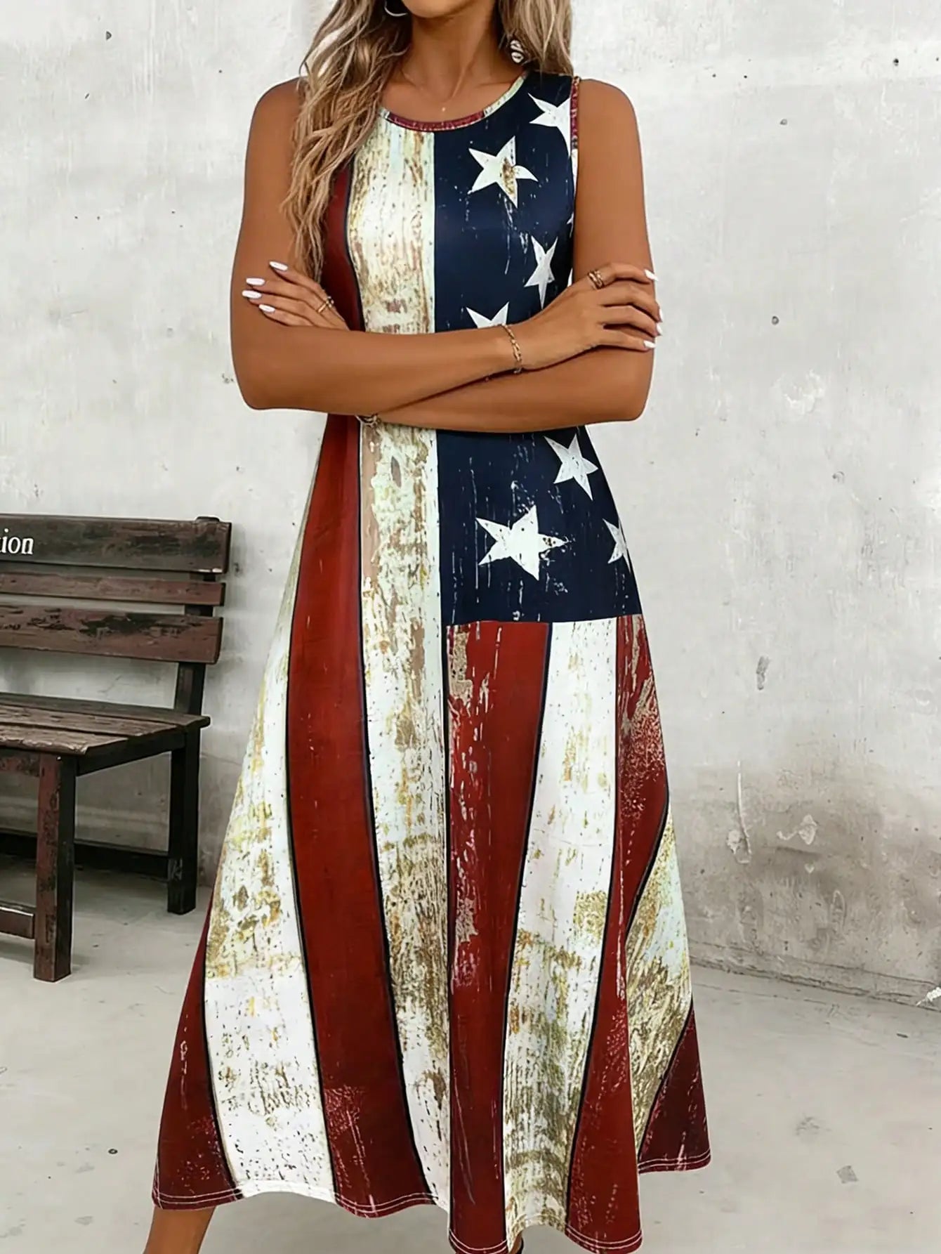 Women's American Flag Print Tank Dress – Round-Neck Summer Sundress