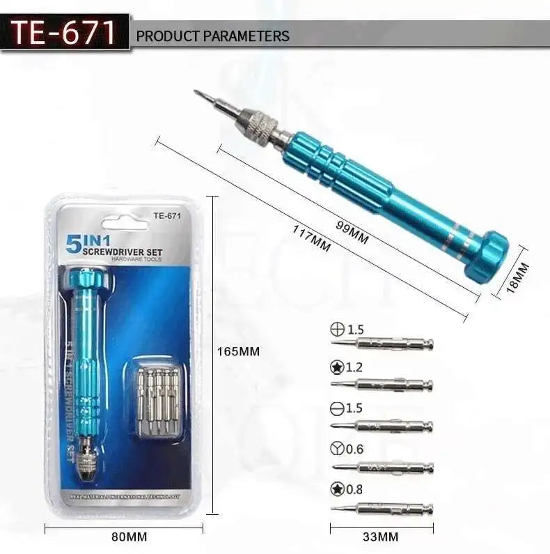 5 in 1 Mini Precision Screwdriver Set with Magnetizer TE-671 Aluminum Alloy Handle Interchangeable Bits for iPhone Camera Watch