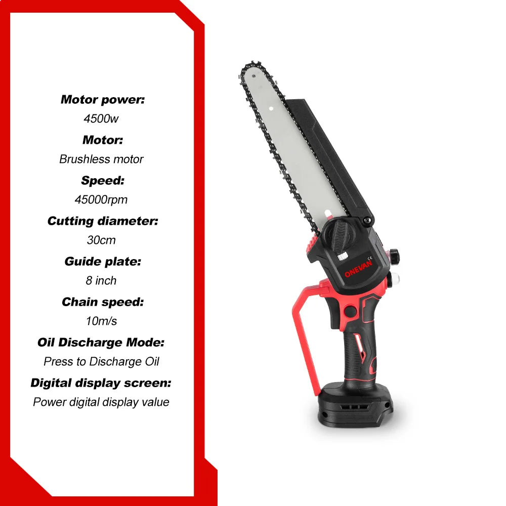 ONEVAN 4500W 8 Inch Brushless Electric Saw Chainsaw With Oil Spray Rechargeable 45000RPM Woodworking Tool For Makita Battery Pin