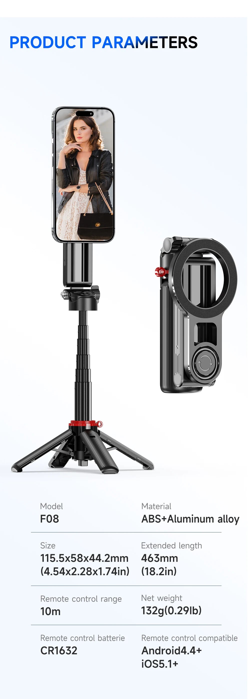 Mini Magnetic Selfie Stick Tripod Removable Remote Control Quadrapod Holder 360° Rotation for iPhone 16 15 14 13 12 Vlog Live