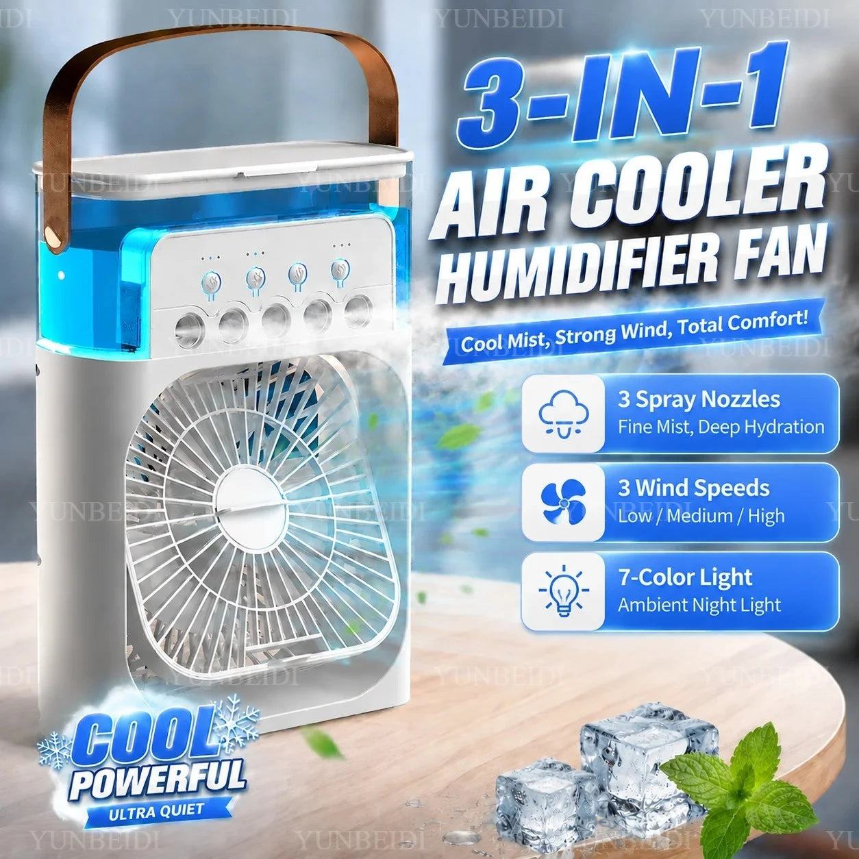 3-in-1 Portable Evaporative Air Cooler – Misting Fan, Humidifier & LED Light