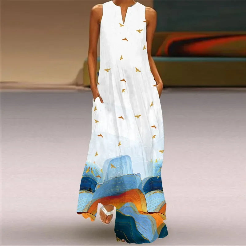 Women's Sleeveless V-Neck Maxi Dress — Vintage Print Loose Sundress with Pockets (Plus Size)
