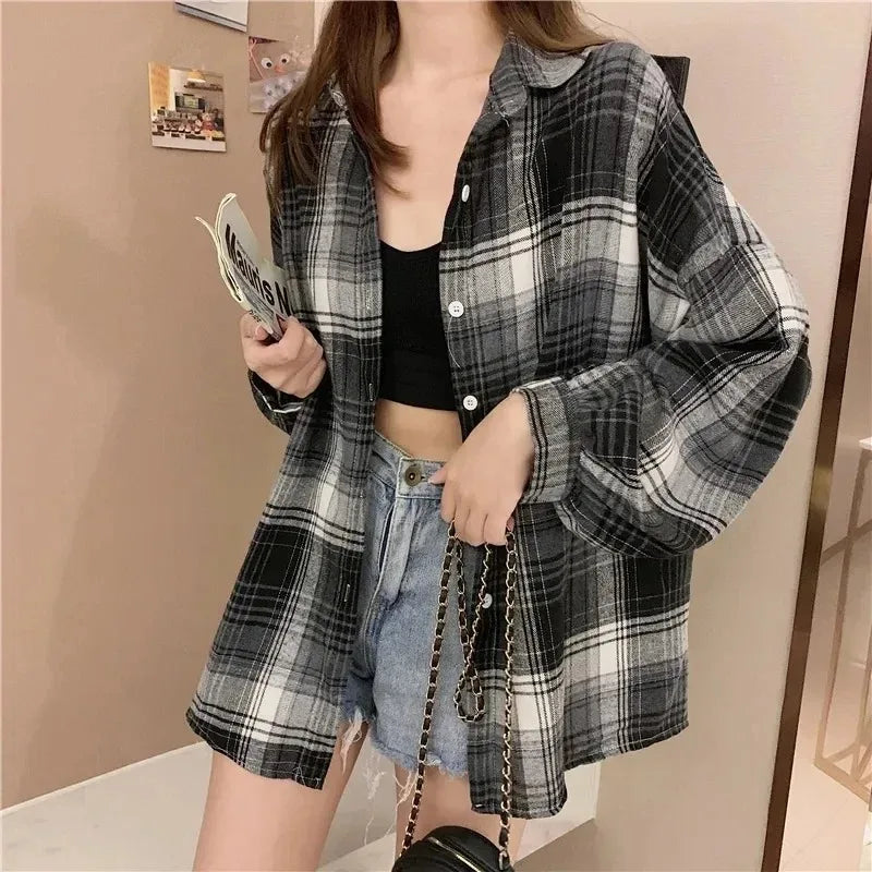 Women's Plaid Button-Up Shirt - Loose Long Sleeve Check Blouse - photo 4
