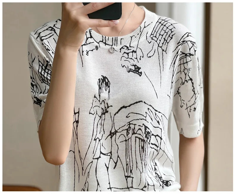 Summer Women's Thin Section Graffiti Digital Jacquard Round Neck Fine Imitation Wool Knitted Short-sleeved T-shirt  Pullover Top