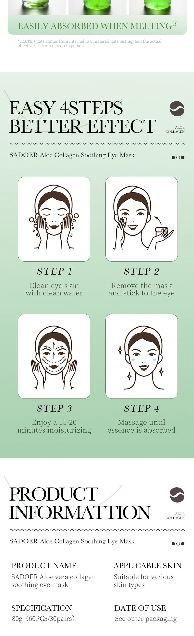 SADOER 60pcs Aloe Vera & Collagen Eye Masks – Anti Dark Circles, Eye Bags & Puffiness | Hydrating & Firming Under-Eye Patches for Women