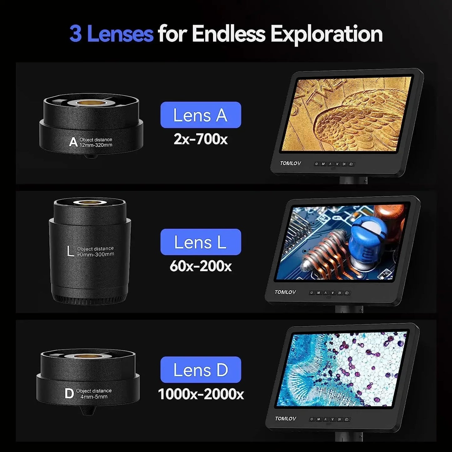 TOMLOV DM602 Digital Soldering Microscope 2000X – 10.1" Screen, 3 Lenses, 144-LED Ring Light | Coin & PCB Repair