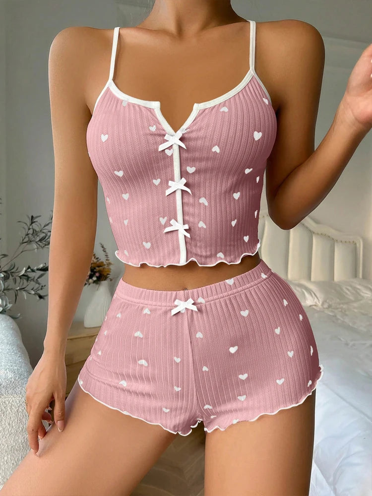 Women's Heart Print Silk Satin Pajama Set – V-Neck Sleeveless Cami Top & Shorts Loungewear | S–XL (4 Sets)