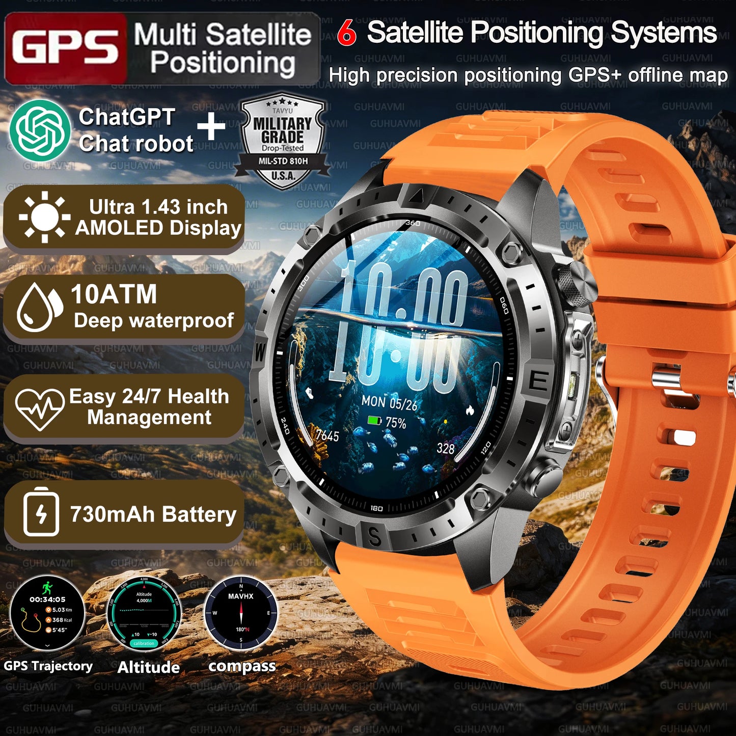 Military-Style GPS Smart Watch — Offline Maps, 10ATM, 2GB RAM
