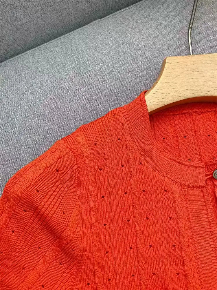 Orange Single-breasted Knitted Long Dress Women 2025 Spring Summer New Fashion O-Neck Elegant Slim Short-sleeved Dresses
