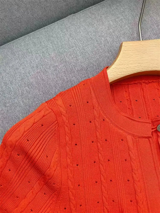 Orange Single-breasted Knitted Long Dress Women 2025 Spring Summer New Fashion O-Neck Elegant Slim Short-sleeved Dresses
