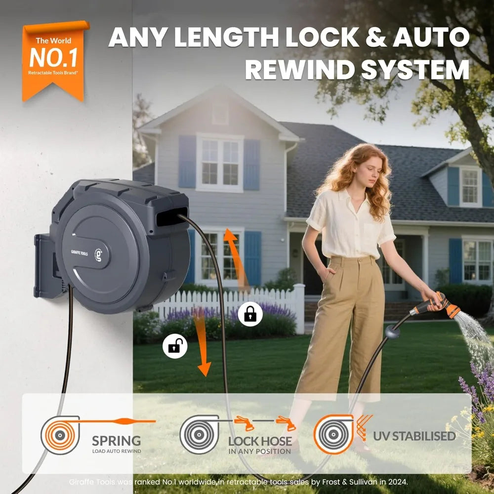Retractable Garden Hose Reel, 5/8" x 62 ft, Wall Mounted, Lock at Any Length, 9-Function Nozzle