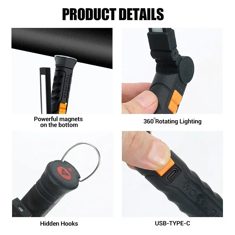 1pc COB LED Work Light Dimmable USB Rechargeable LED Flashlight Inspection Lamp With Magnet&Hook 14500/18650 Battery Torch light