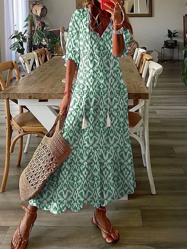 Women's Boho Maxi Dress – Casual V-Neck Drawstring Long-Sleeve Printed Bohemian Dress