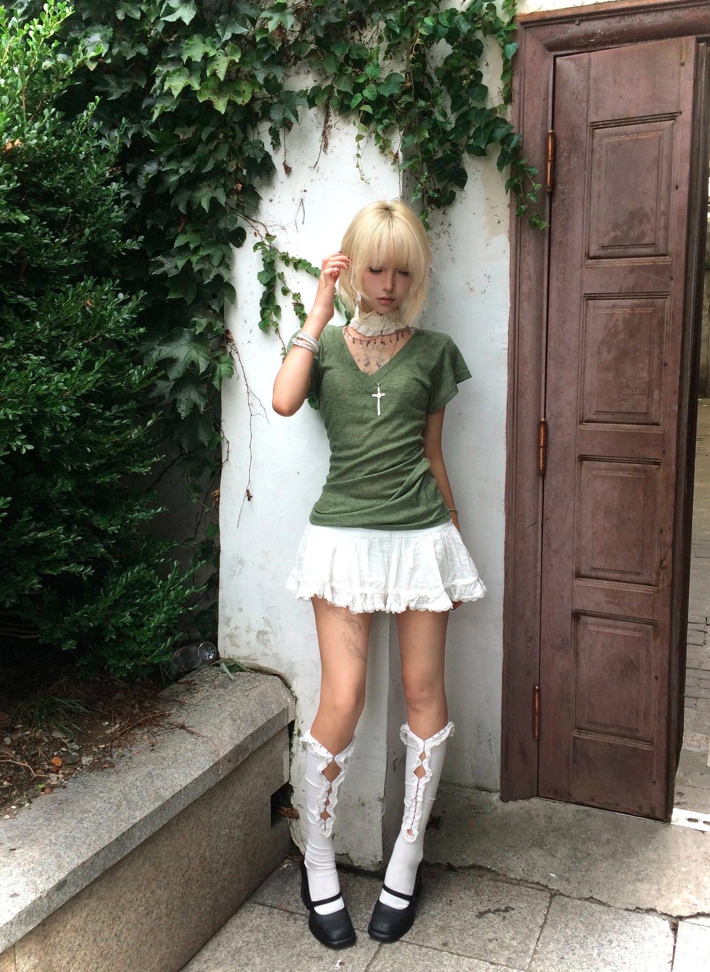 Karrram Japanese Y2k Green Knitted T-shirt Trashy 2000s Style V-neck Top Vintage Harajuku Short Sleeve Tee Shirt American Retro