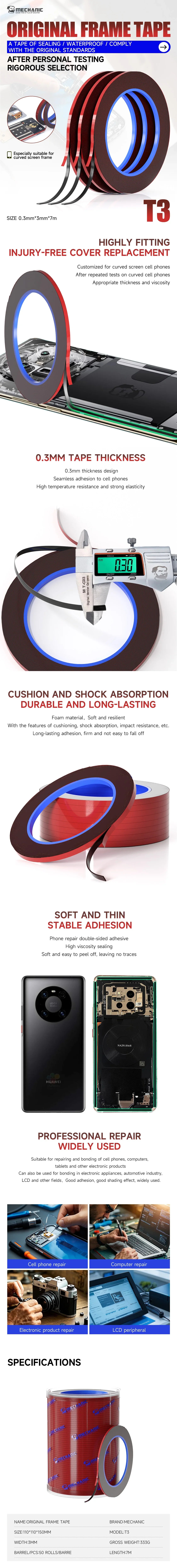 MECHANIC T3 3mm Edge Screen Frame Glue for Iphone Tablet Computer Electrical Appliance Repair Green Foam Double-sided Tape